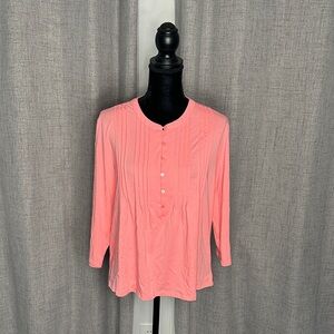 Lands' End Coral Pink 3/4 Sleeve Button Henley top/shirt- size large